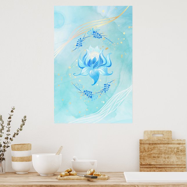 Teal Lotus Bloom Azure Glow Poster (Kitchen)