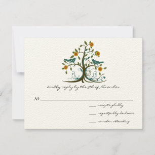 Teal Love Birds Coral Blooming Tree Wedding RSVP Card