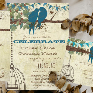 Teal Love Birds Sitting In a Bunting Tree Wedding Invitation