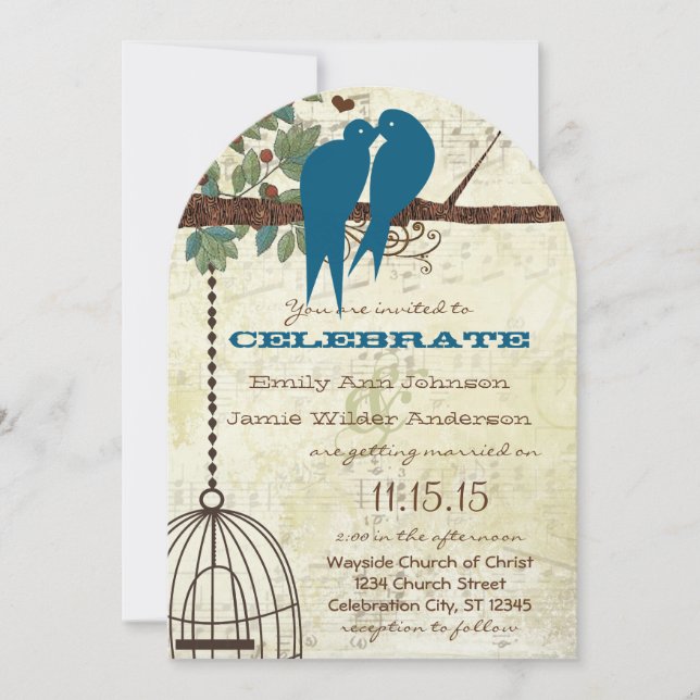 Teal Love Birds Sitting In a Tree Wedding Invite (Front)