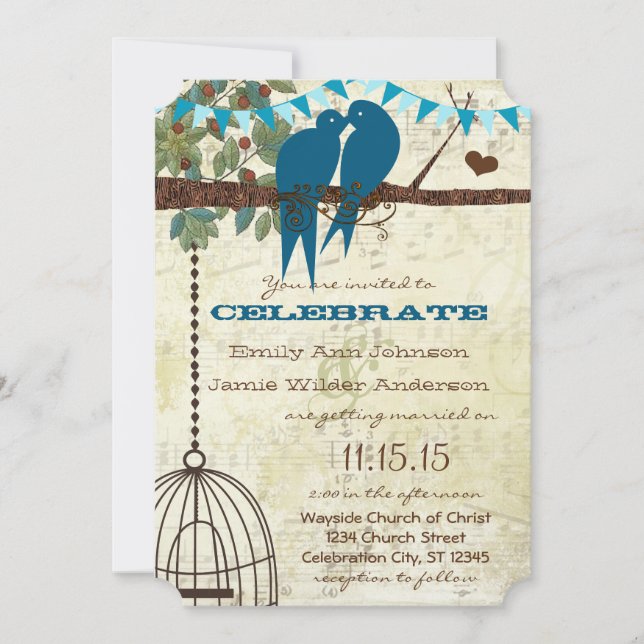 Teal Love Birds Sitting In a Tree Wedding Invite (Front)