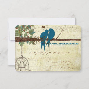Teal Love Birds Sitting In a Tree Wedding RSVP Card