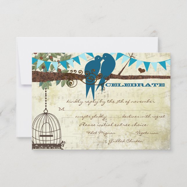 Teal Love Birds Sitting In a Tree Wedding RSVP Card (Front)