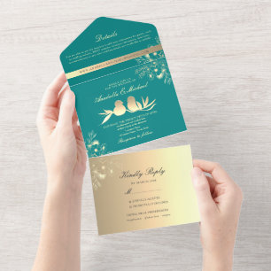 Teal Love Birds Wedding All In One Invitation