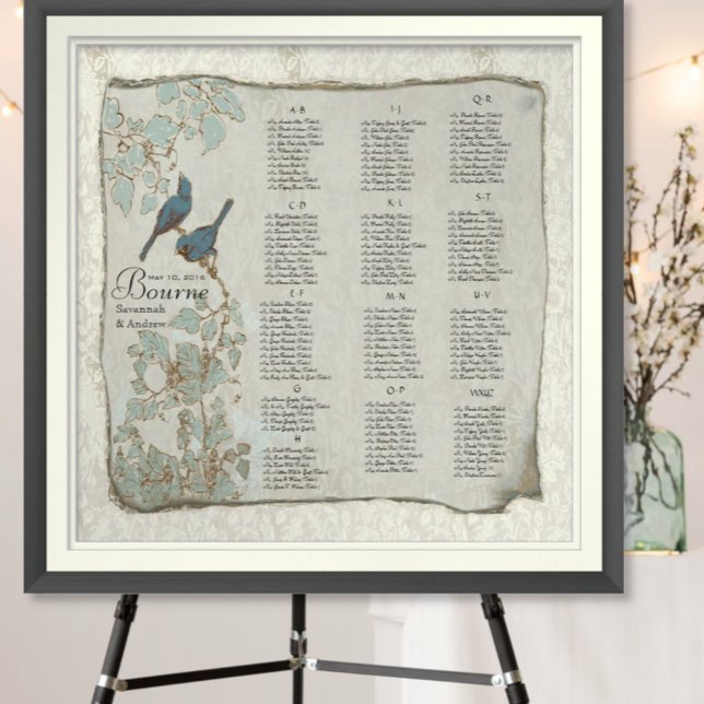 Teal Love Birds Wedding Seating Chart (To see frame and mat pricing,  please choose your options.)
