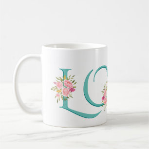 Teal LOVE, blush pink roses Valentines Day Coffee Mug