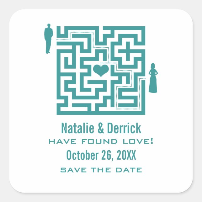 Teal Love Maze Save the Date Stickers (Front)