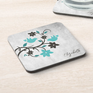 Teal Lovebirds Beverage Coaster