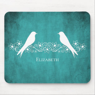 Teal Lovebirds Floral Vine Mouse Pad