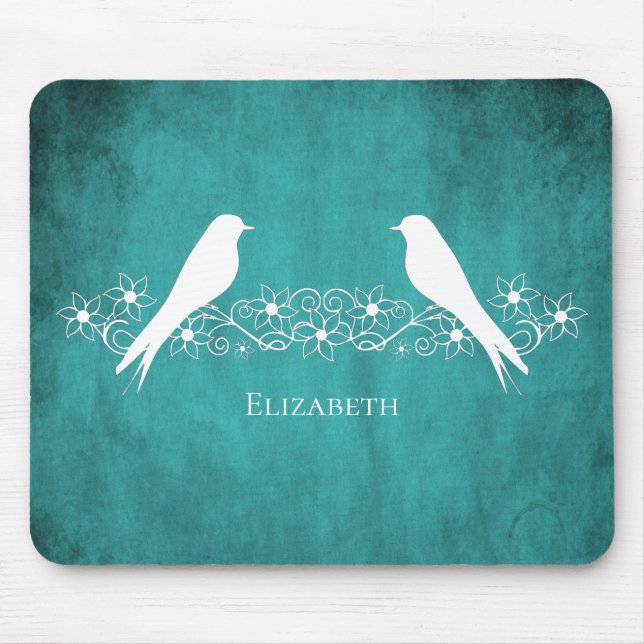 Teal Lovebirds Floral Vine Mouse Pad (Front)