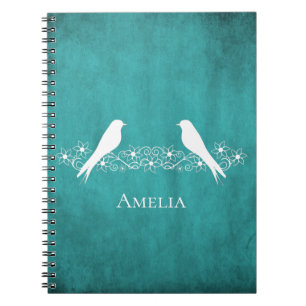 Teal Lovebirds Floral Vine Notebook