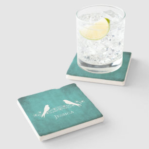 Teal Lovebirds Floral Vine Stone Coaster