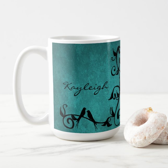 Teal Lovebirds Personalised Coffee Mug (With Donut)