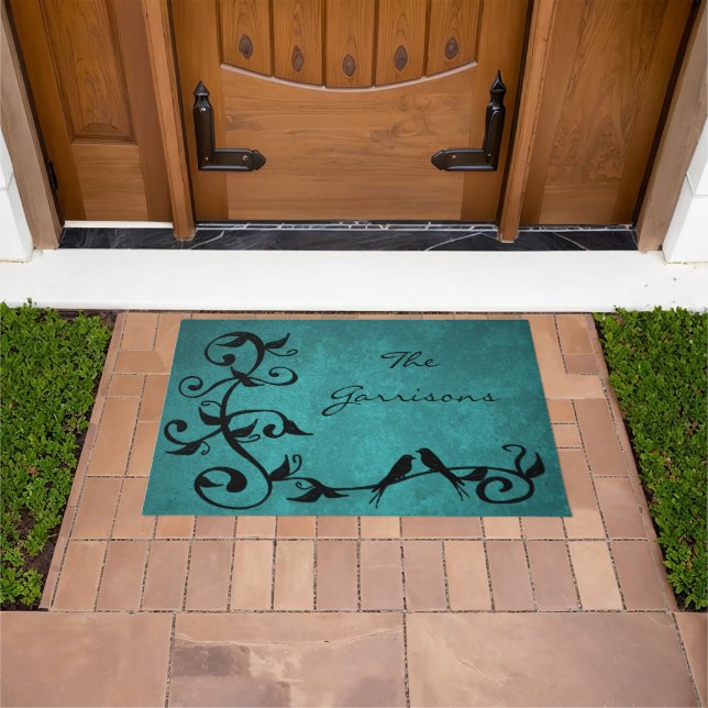 Teal Lovebirds Personalised Doormat (Outdoor)