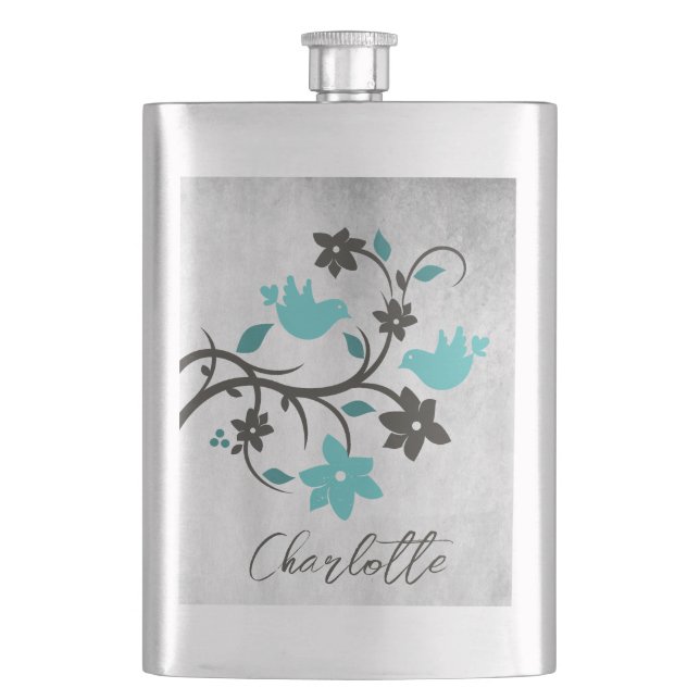 Teal Lovebirds Personalised Flask (Front)