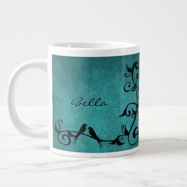 Teal Lovebirds Personalised Giant Coffee Mug (Left)