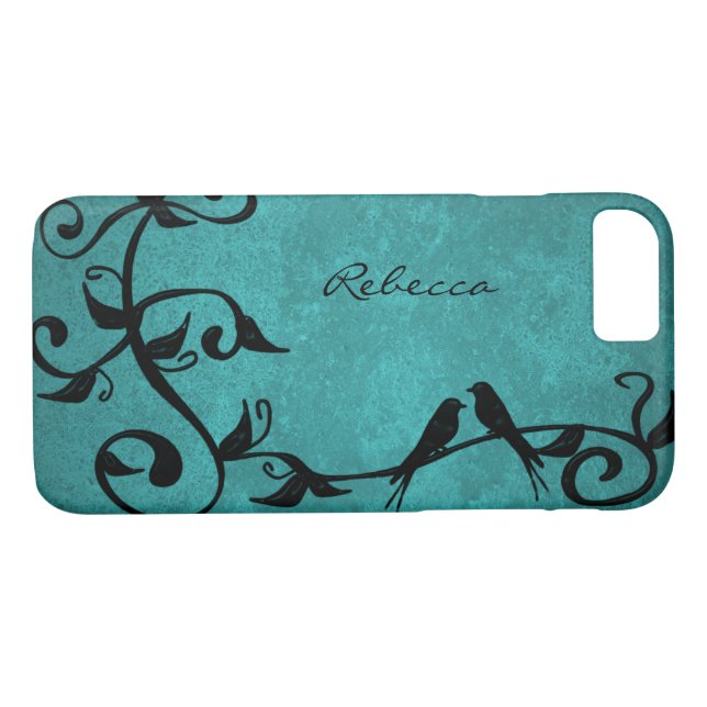 Teal Lovebirds Personalised iPhone Case (Back (Horizontal))