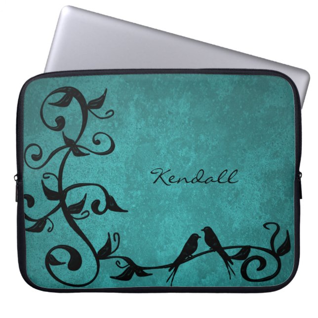 Teal Lovebirds Personalised Laptop Sleeve (Front)