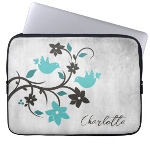 Teal Lovebirds Personalised Laptop Sleeve