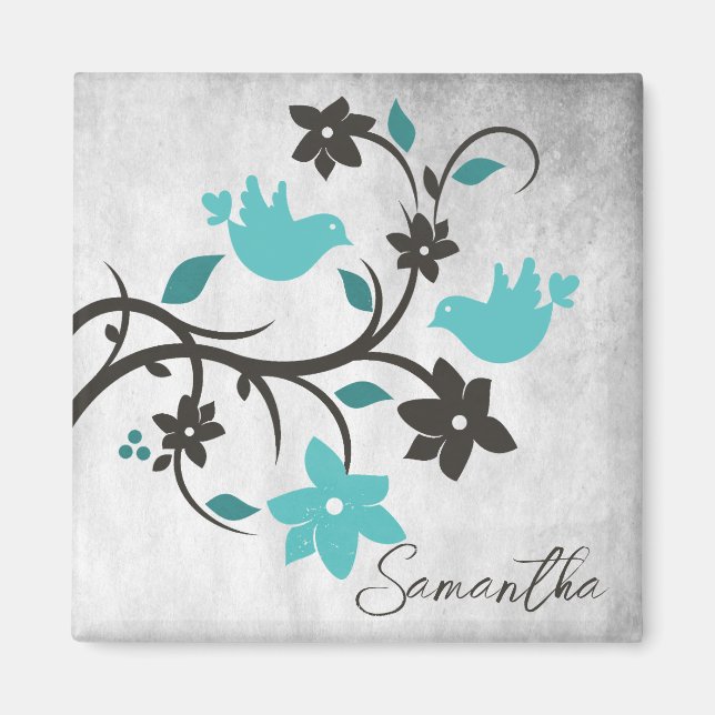 Teal Lovebirds Personalised Magnet (Front)