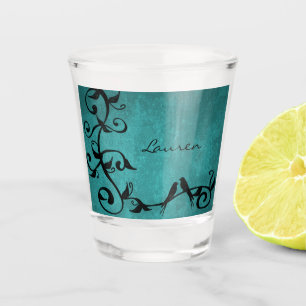 Teal Lovebirds Personalised Shot glass
