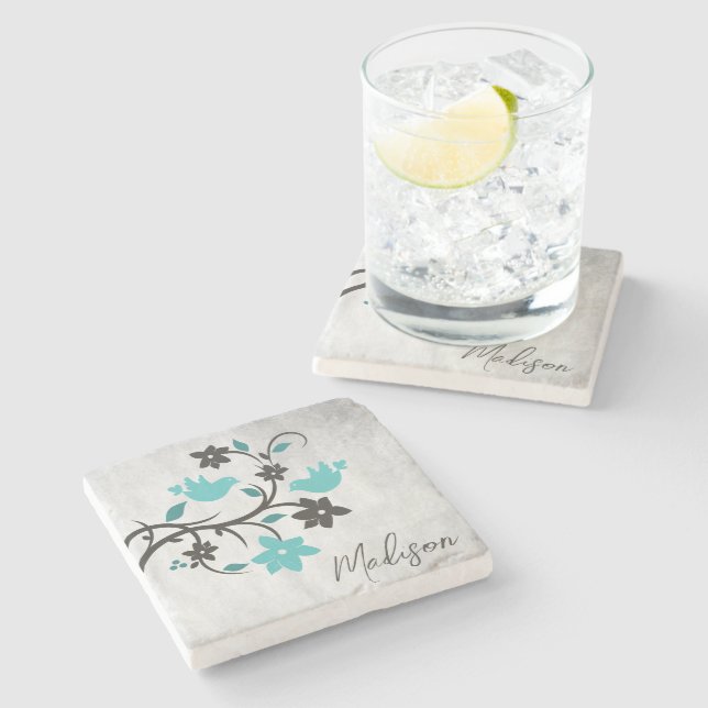 Teal Lovebirds Personalised Stone Coaster (Side)