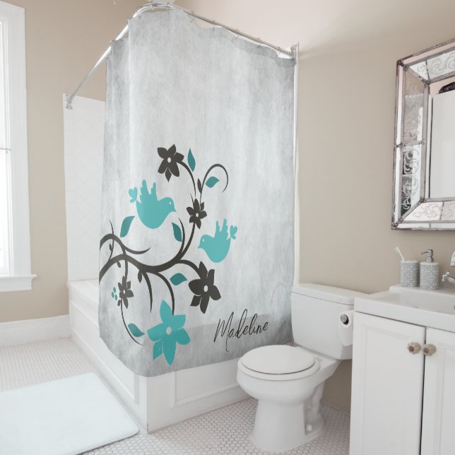 Teal Lovebirds Shower Curtain (In Situ)