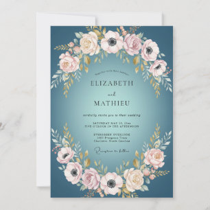 Teal Luminous Floral Border Wedding Invitation