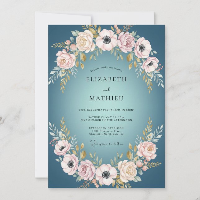 Teal Luminous Floral Border Wedding Invitation (Front)