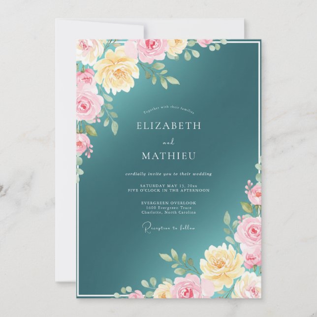 Teal Luminous Rose Wedding Invitation (Front)