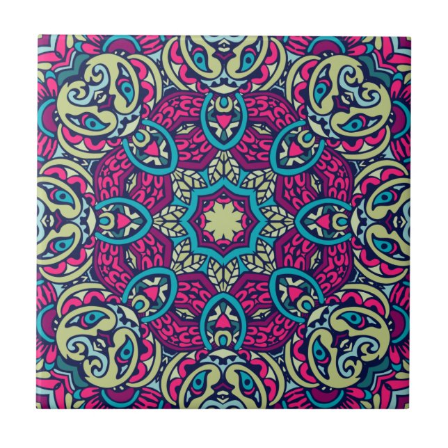 Teal, Magenta, Gold & Olive Eclectic Boho Mandala Ceramic Tile (Front)