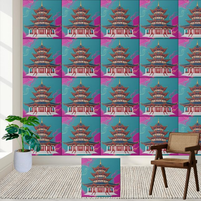 Teal & Magenta Oriental Pagoda Chinoiserie Tile (Teal & Magenta Oriental Pagoda Chinoiserie Tile)
