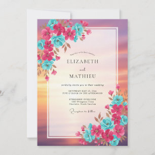 Teal Magenta Vibrant Floral Wedding Invitation