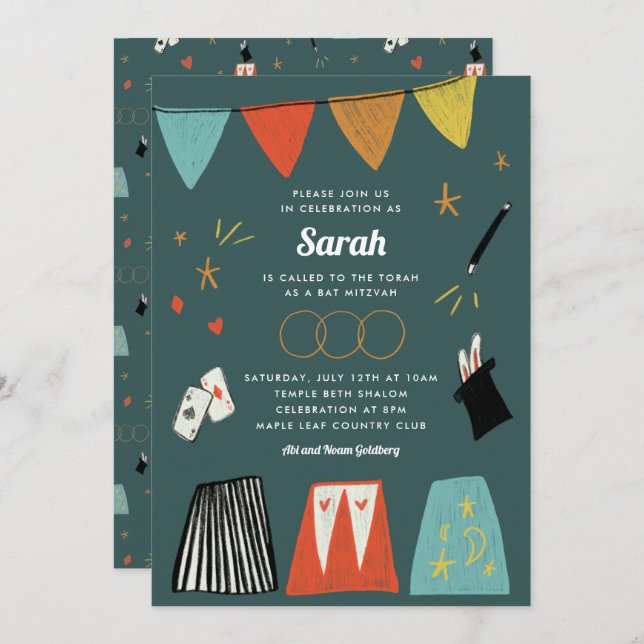 Teal Magic Show Bar Bat Mitzvah Invitation (Front/Back)