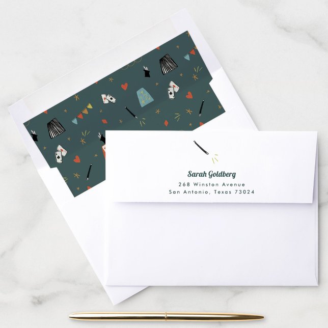 Teal Magic Show Return Address Envelope (Teal green magic show return address envelope with matching pattern liner.)