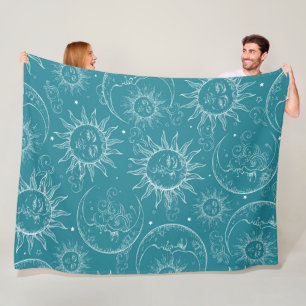 Teal Magic Vintage Celestial Sun Moon Stars Fleece Blanket