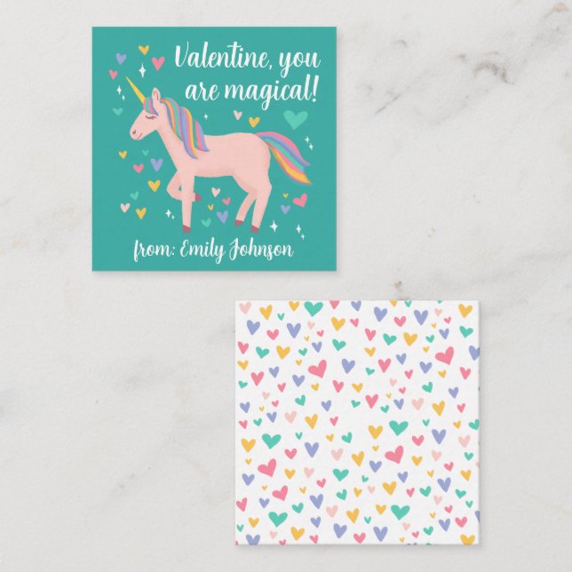 Teal Magical Unicorn Kids Classroom Valentine Card (Front/Back)
