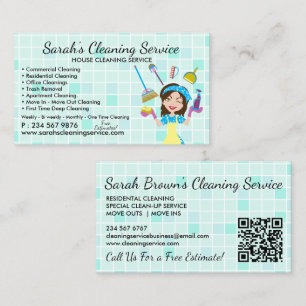 Teal Maid Janitorial Lady qr code Cleaning Service Business Card