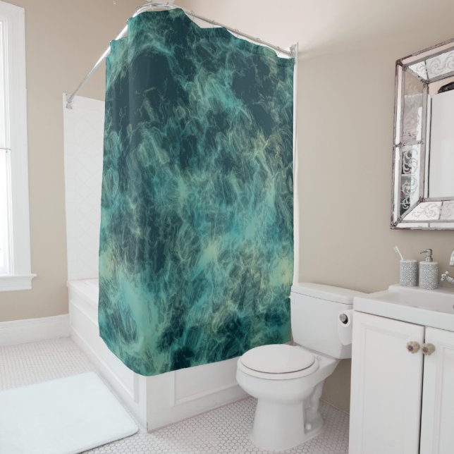 Teal Marble Abstract Shower Curtain (In Situ)