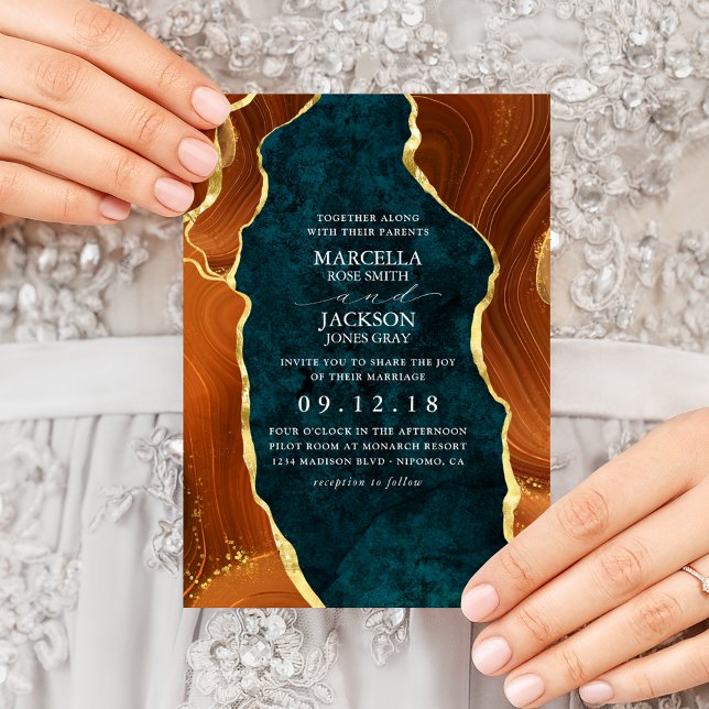 Teal Marble, Burnt Orange & Gold Agate Invitation (Creator Uploaded)