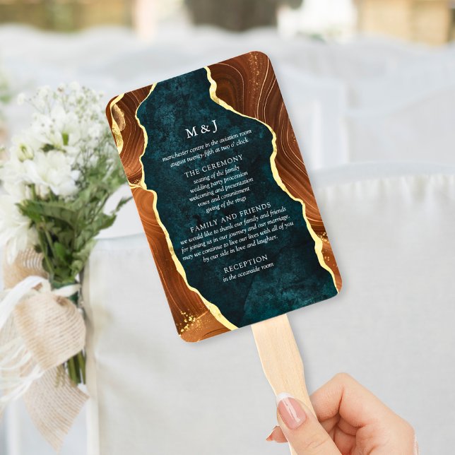 Teal Marble, Burnt Orange Gold Agate Program Hand Fan (Creator Uploaded)