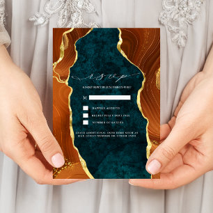 Teal Marble, Burnt Orange & Gold Agate RSVP Invitation