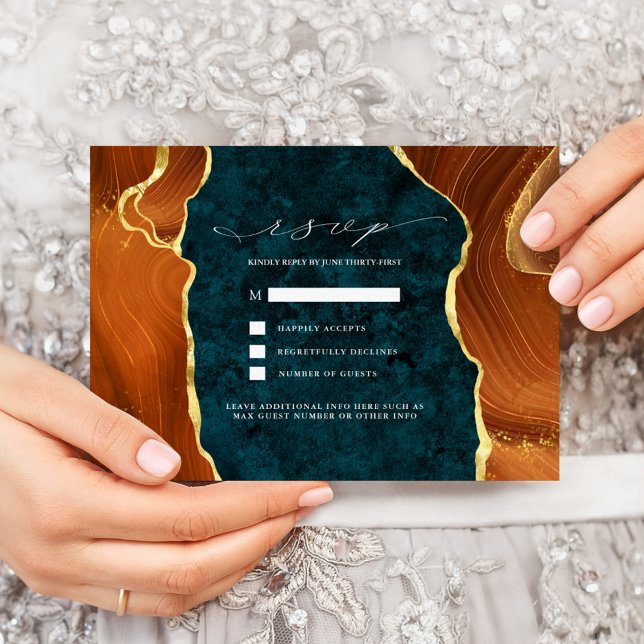 Teal Marble, Burnt Orange & Gold Agate RSVP Invitation (Creator Uploaded)
