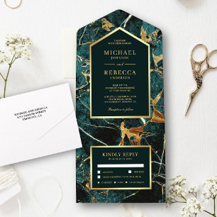 Teal Marble Faux Gold Foil Wedding All In One Invitation