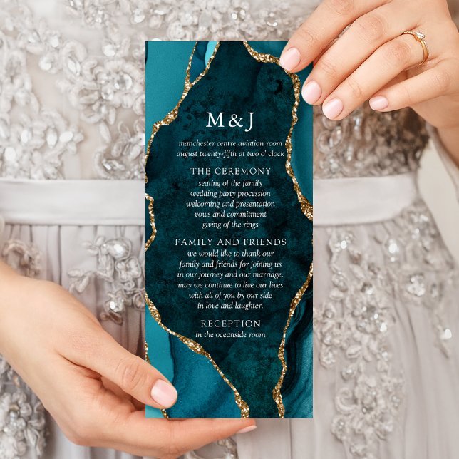 Teal, Marble & Gold Agate Wedding Program Rack Card (Creator Uploaded)