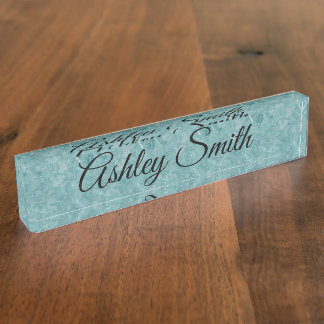 Teal Marble Image with Black Script Font Nameplate