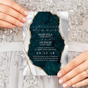Teal, Marble White & Gold Agate Dinner Rehearsal I Invitation