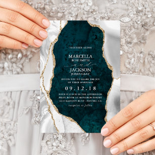 Teal Marble, White & Gold Agate Wedding Invitation