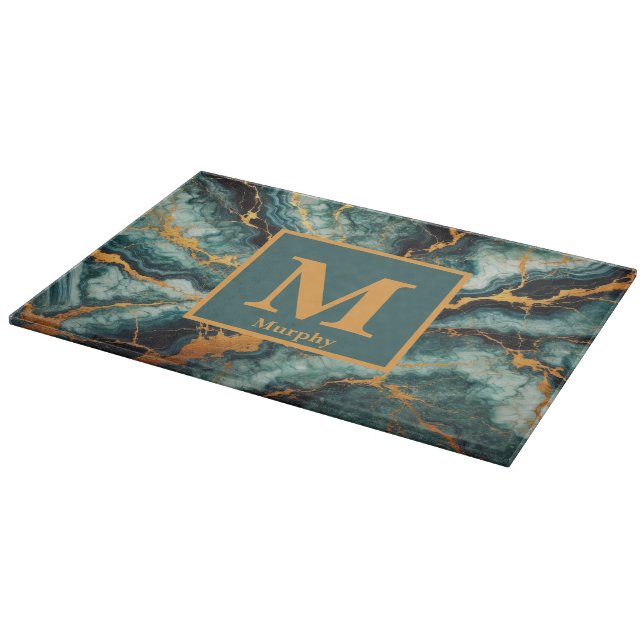 Teal Marble with Gold and Black Veins Monogram Cutting Board (Corner)