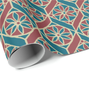 Teal, Maroon, Beige Ethnic Floral Pattern Wrapping Paper